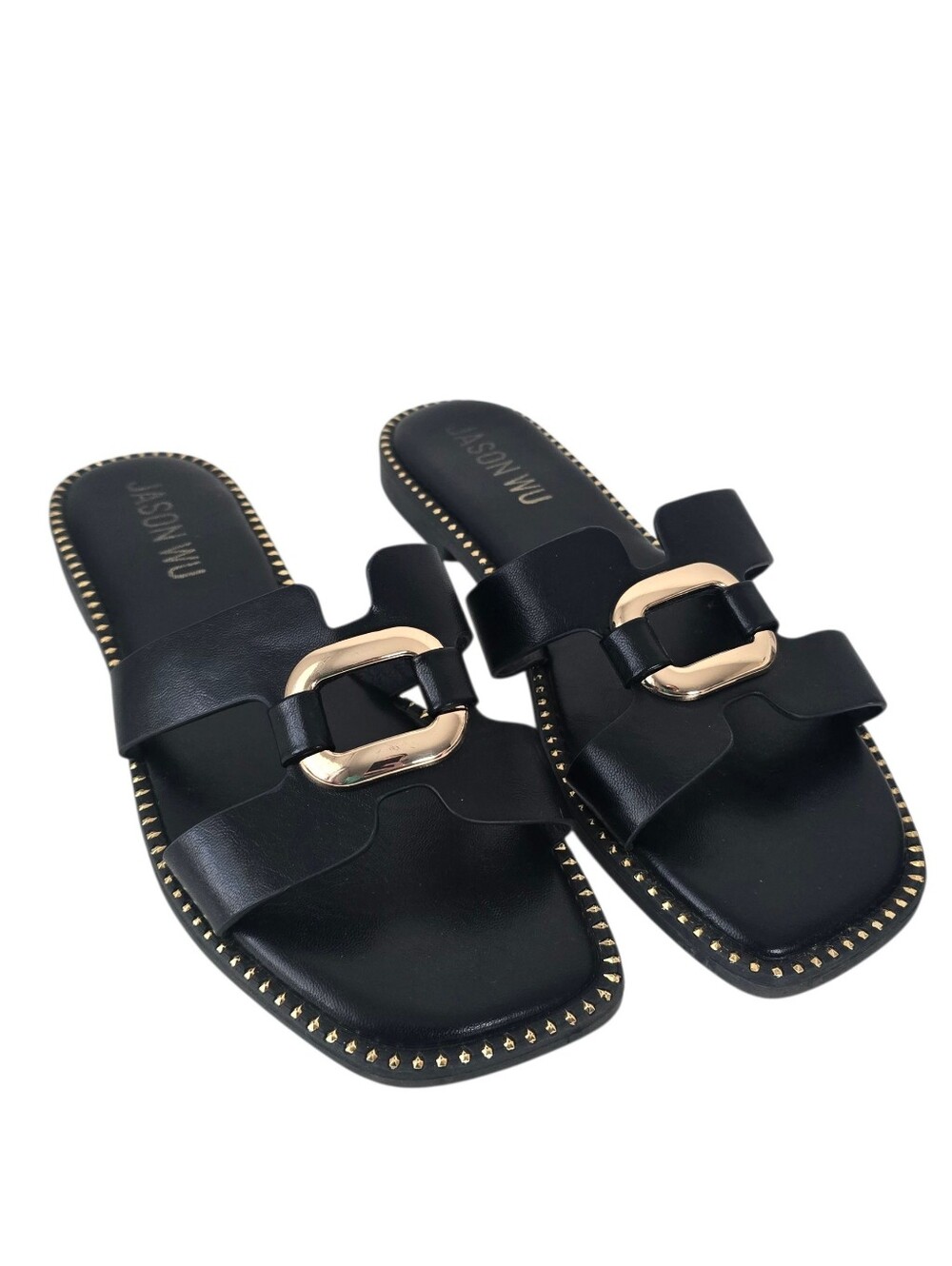 JASON WU Danis Black Leather Gold Studded Slide Sandals Size 10 Quiet Luxury